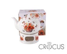 Afbeelding in Gallery-weergave laden, Porseleinen theepot op warmhoudplaat met bloemen - Klaprozen