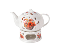 Afbeelding in Gallery-weergave laden, Porseleinen theepot op warmhoudplaat met bloemen - Klaprozen
