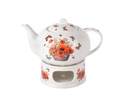 Porseleinen theepot op warmhoudplaat met bloemen - Klaprozen