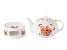 Afbeelding in Gallery-weergave laden, Porseleinen theepot op warmhoudplaat met bloemen - Klaprozen
